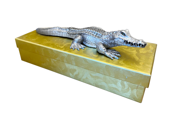 Large 9" Gilded Crocodile Jewelry Box - Bronze & Silver