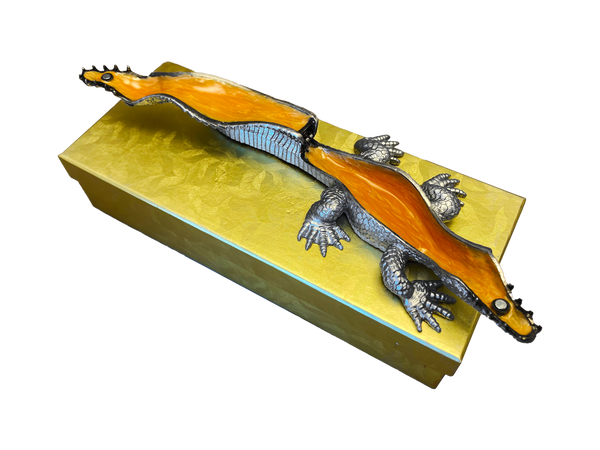 Large 9" Gilded Crocodile Jewelry Box - Bronze & Silver