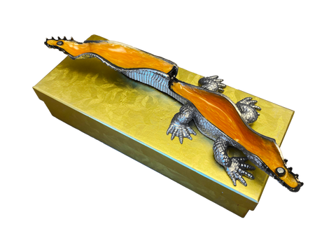 Large 9" Gilded Crocodile Jewelry Box - Bronze & Silver