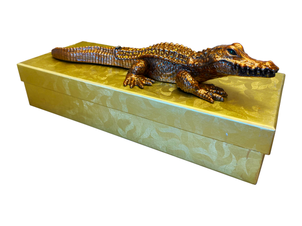 Large 9" Gilded Crocodile Jewelry Box - Bronze & Silver