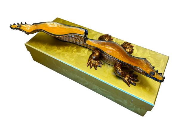 Large 9" Gilded Crocodile Jewelry Box - Bronze & Silver