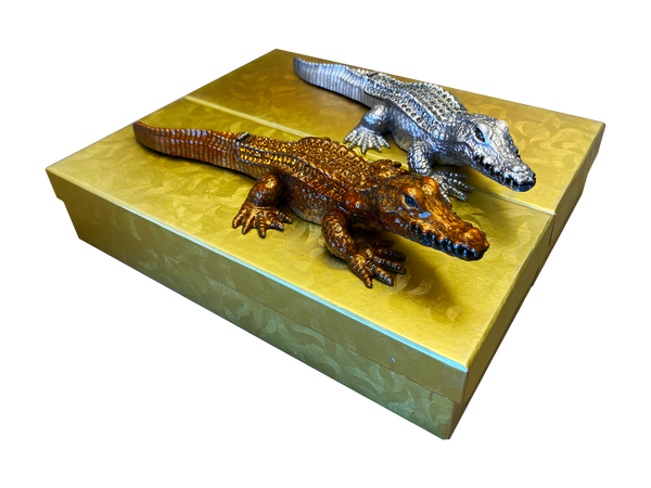 Large 9" Gilded Crocodile Jewelry Box - Bronze & Silver