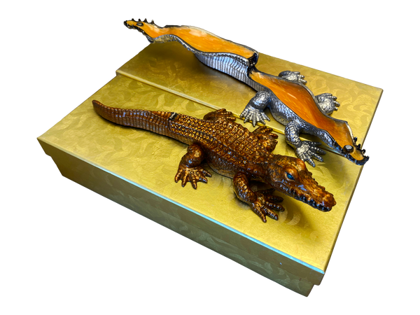 Large 9" Gilded Crocodile Jewelry Box - Bronze & Silver