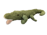 Curly-tailed, artist-designed alligator plush toy